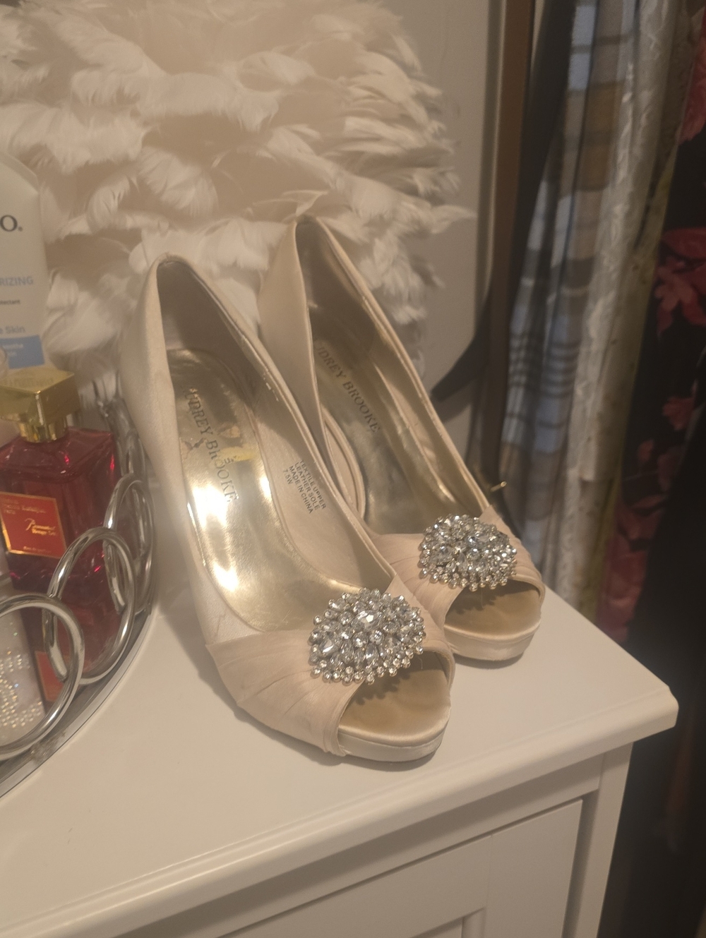 Women's Ivory Peep-Toe Heels with Rhinestone Brooch